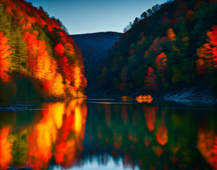 Tranquil Lake with Autumn Foliage Reflections at Sunrise or Sunset