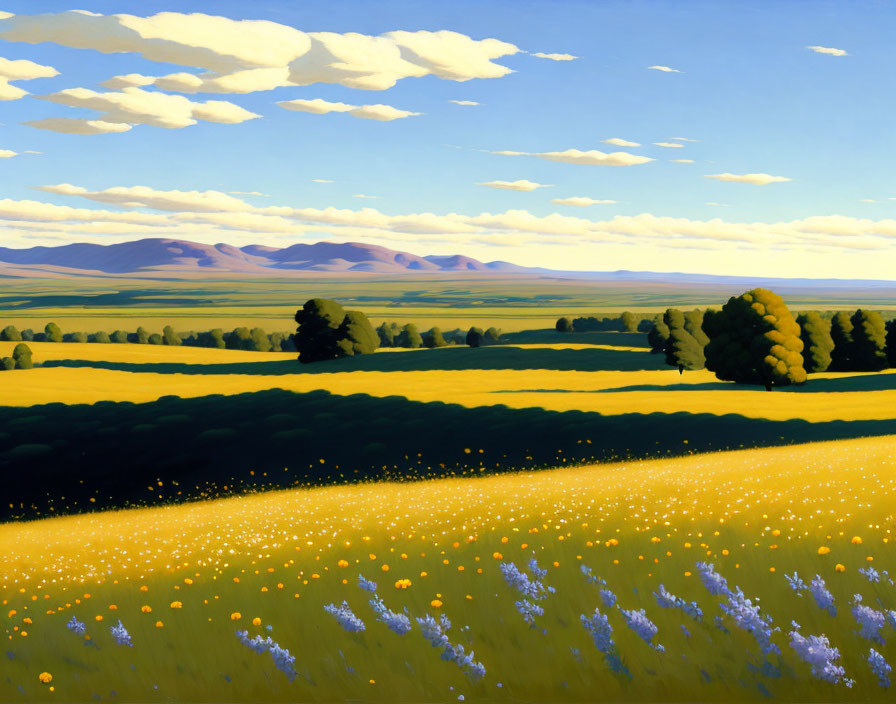 Vibrant landscape painting with yellow fields, colorful flowers, green trees, blue sky, and mountains