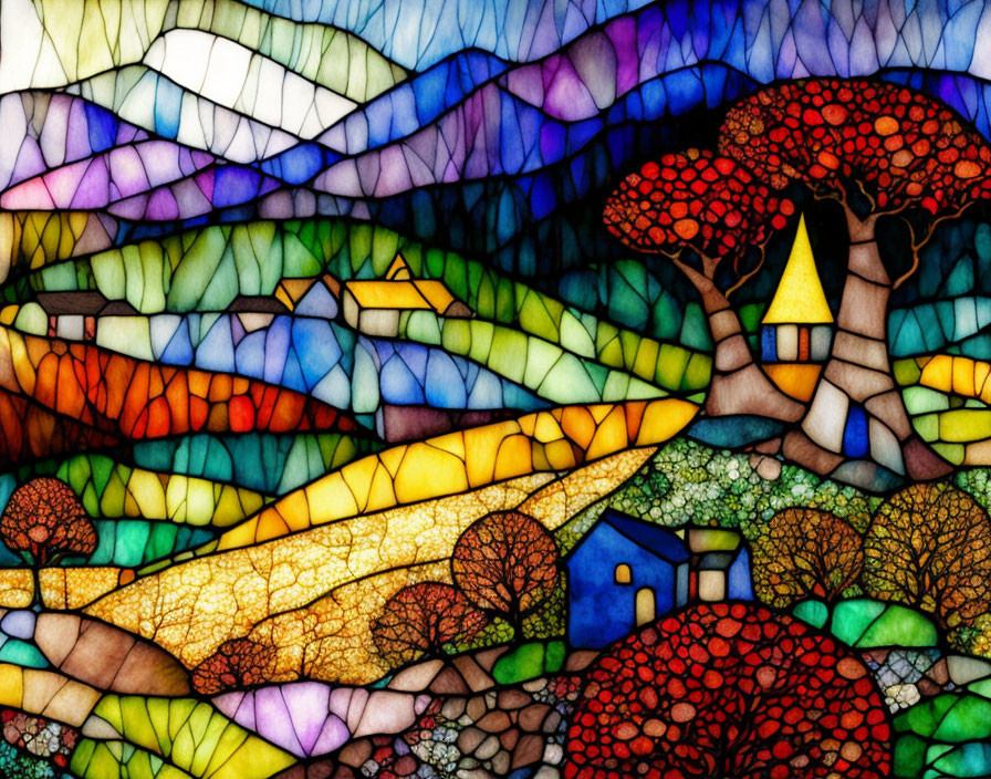 Colorful stained glass-style pastoral scene with rolling hills, trees, blue house, and dynamic sky