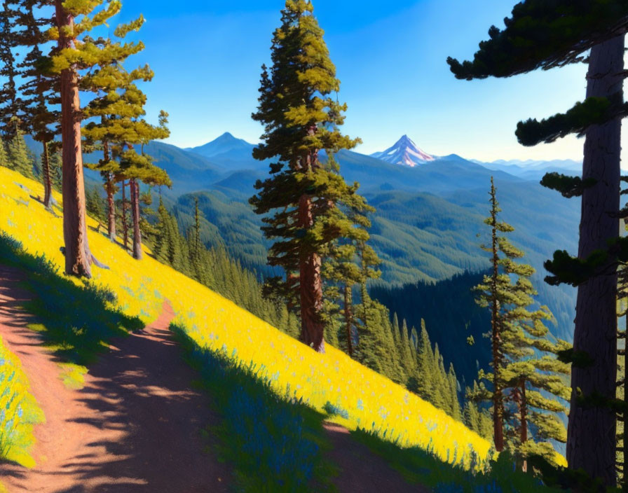 Scenic landscape with trail, pine trees, wildflowers, mountains