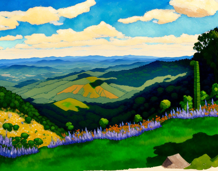 Scenic landscape painting of rolling hills under blue skies