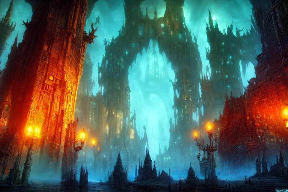 Ethereal fantasy cityscape with towering gothic structures