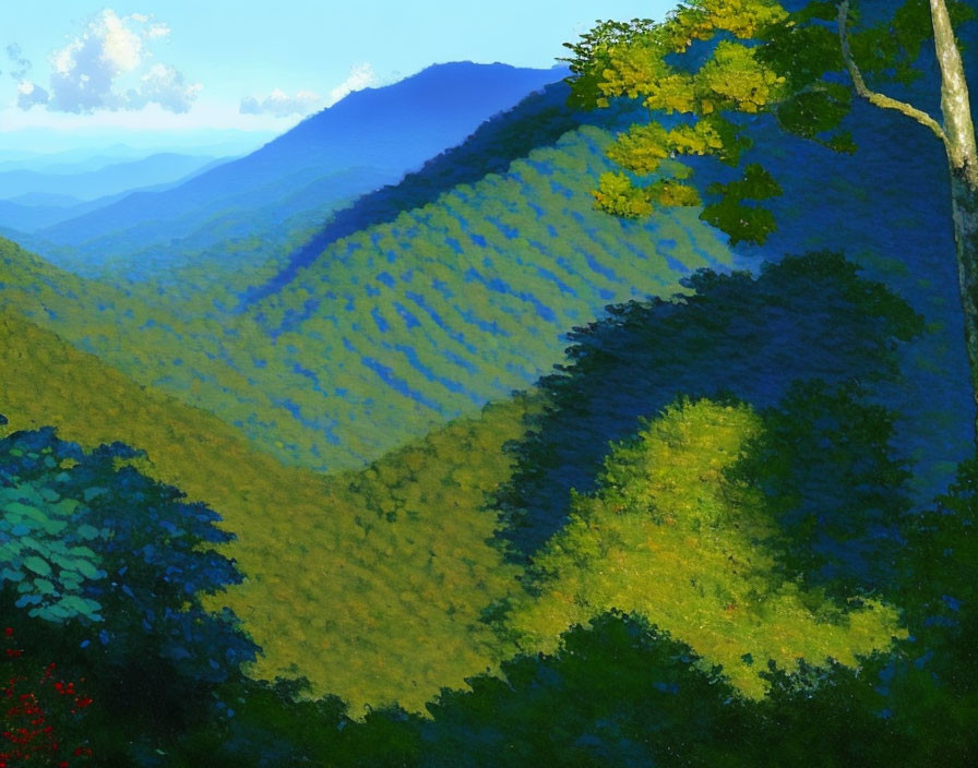 Serene Mountain Landscape with Green Trees and Blue Sky