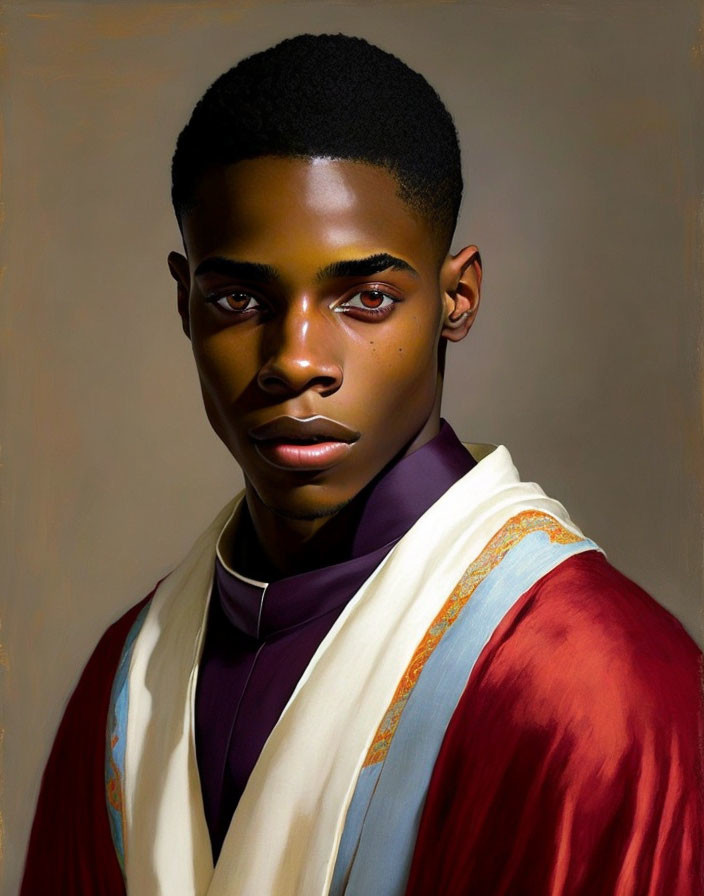 Young man in maroon and cream robe with sharp features