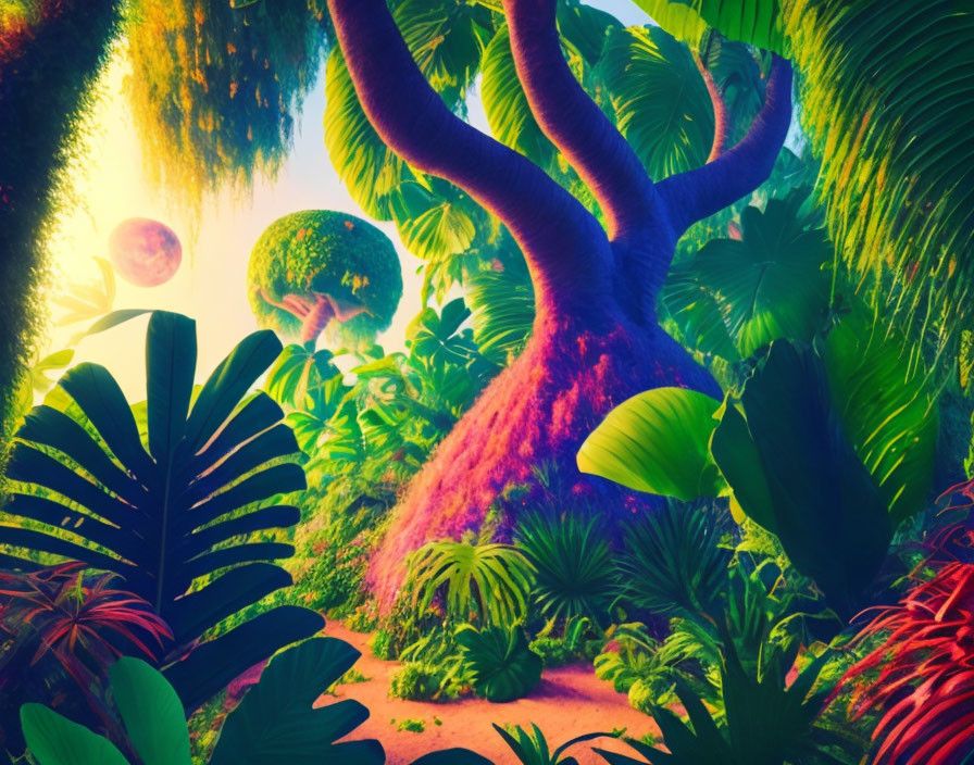 Colorful alien jungle with large tree and floating planetary bodies