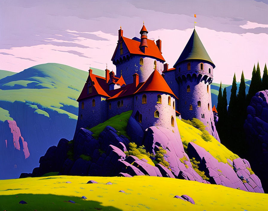 Castle illustration: Vibrant orange rooftops on rocky cliff with green hills and purple boulders.