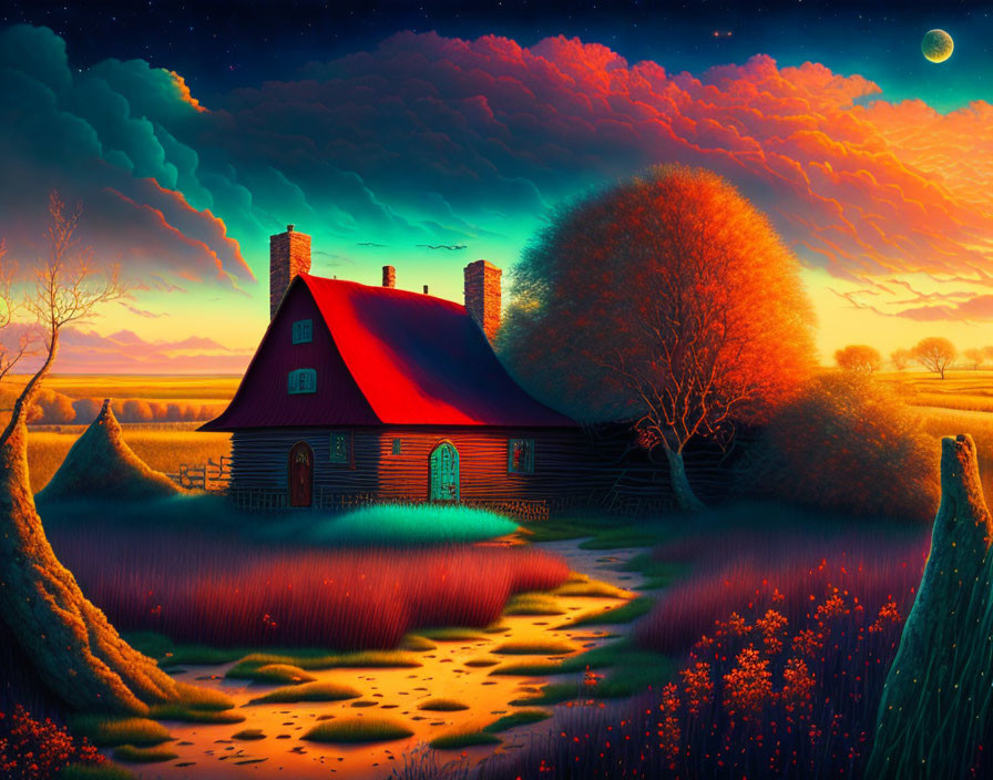 Quaint cottage with red roof under starry twilight sky