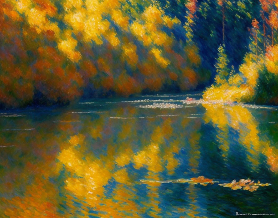 Impressionist-style painting of serene river in vibrant autumn colors