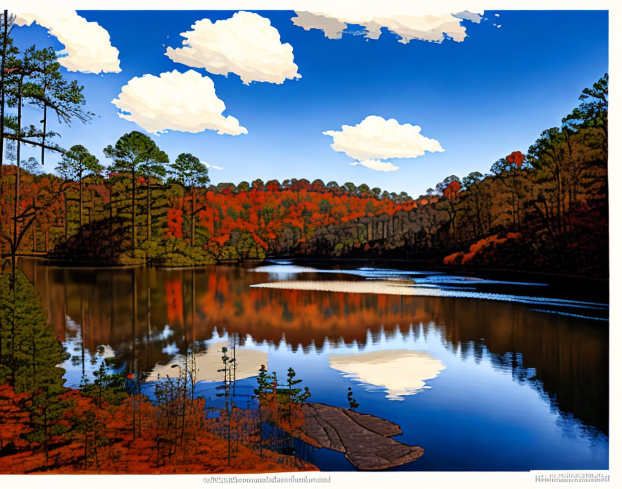 Serenity: Digital artwork of autumn lake and trees under blue sky