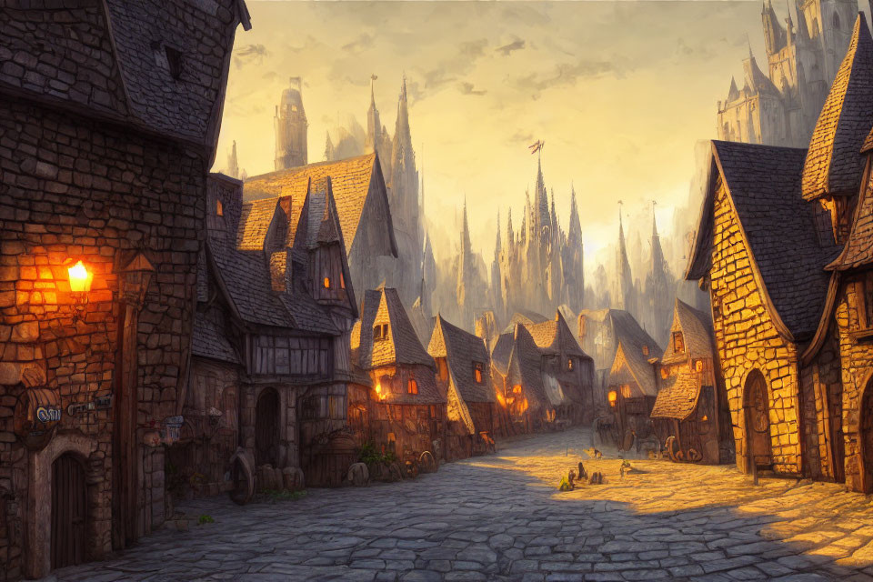 Medieval Street at Sunset with Cobblestone Roads and Glowing Lanterns