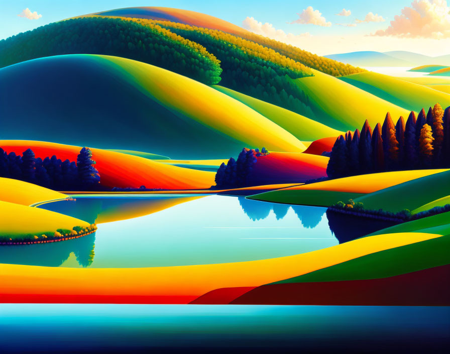 Scenic landscape: rolling hills, reflective river, colorful trees, warm to cool hues.