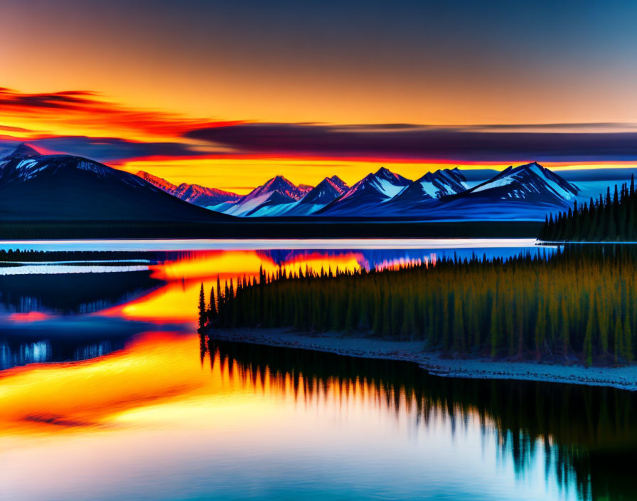 Scenic sunset over calm lake with mountains and trees