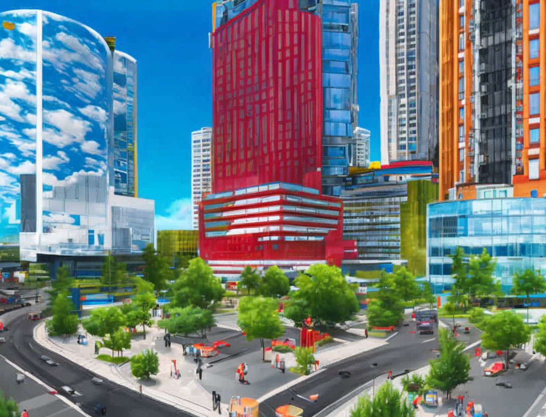 Modern cityscape with skyscrapers, traffic, pedestrians under clear sky