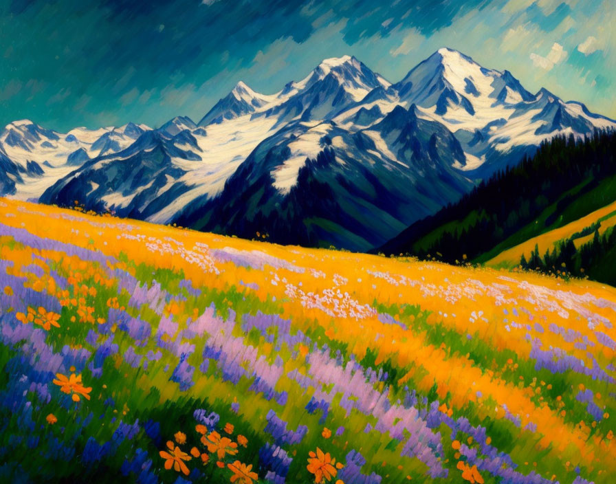 Colorful mountain landscape painting with snow-capped peaks and wildflowers