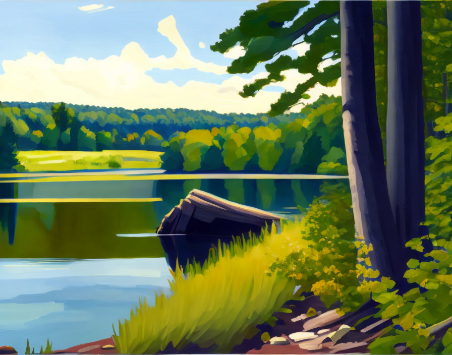 Tranquil lake scene with capsized boat, greenery, and blue sky