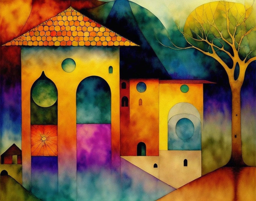 Vibrant Abstract Landscape with Houses, Arches, and Mountain