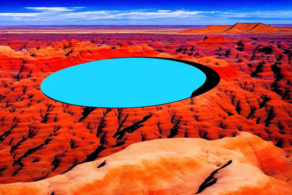 Vibrant red-orange landscape with surreal blue oval shape