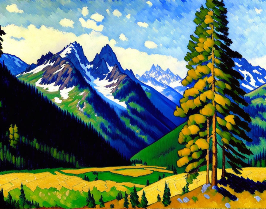 Scenic painting of pine tree, hills, mountains, and blue sky