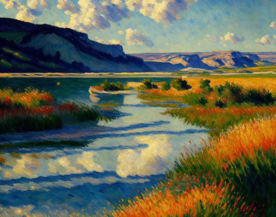 Serene landscape painting with river, grass, mountains, and cloudy sky