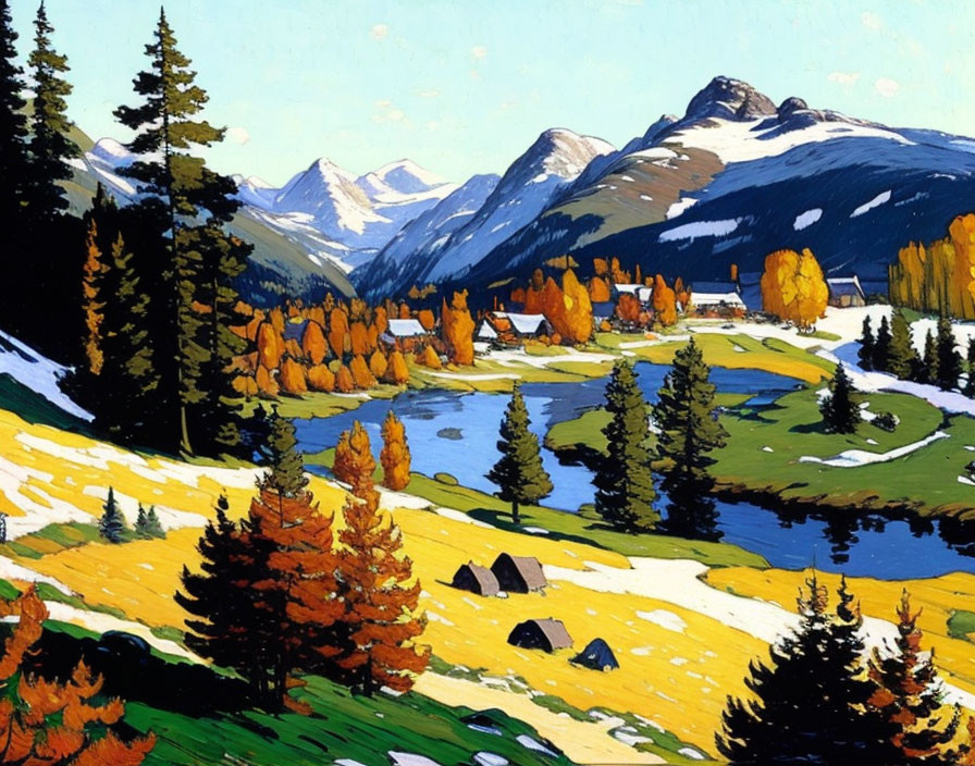 Serene mountain landscape with river and autumn trees