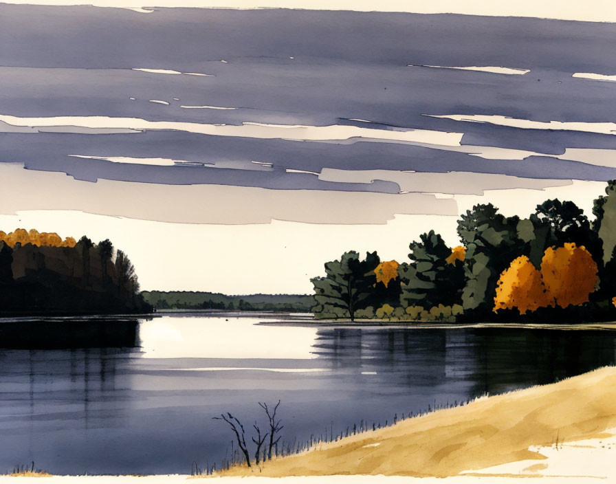 Tranquil watercolor landscape of serene river and autumn trees