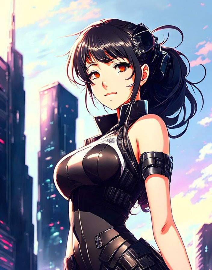 Stylized anime girl with black hair and red highlights in futuristic outfit against cityscape at sunset