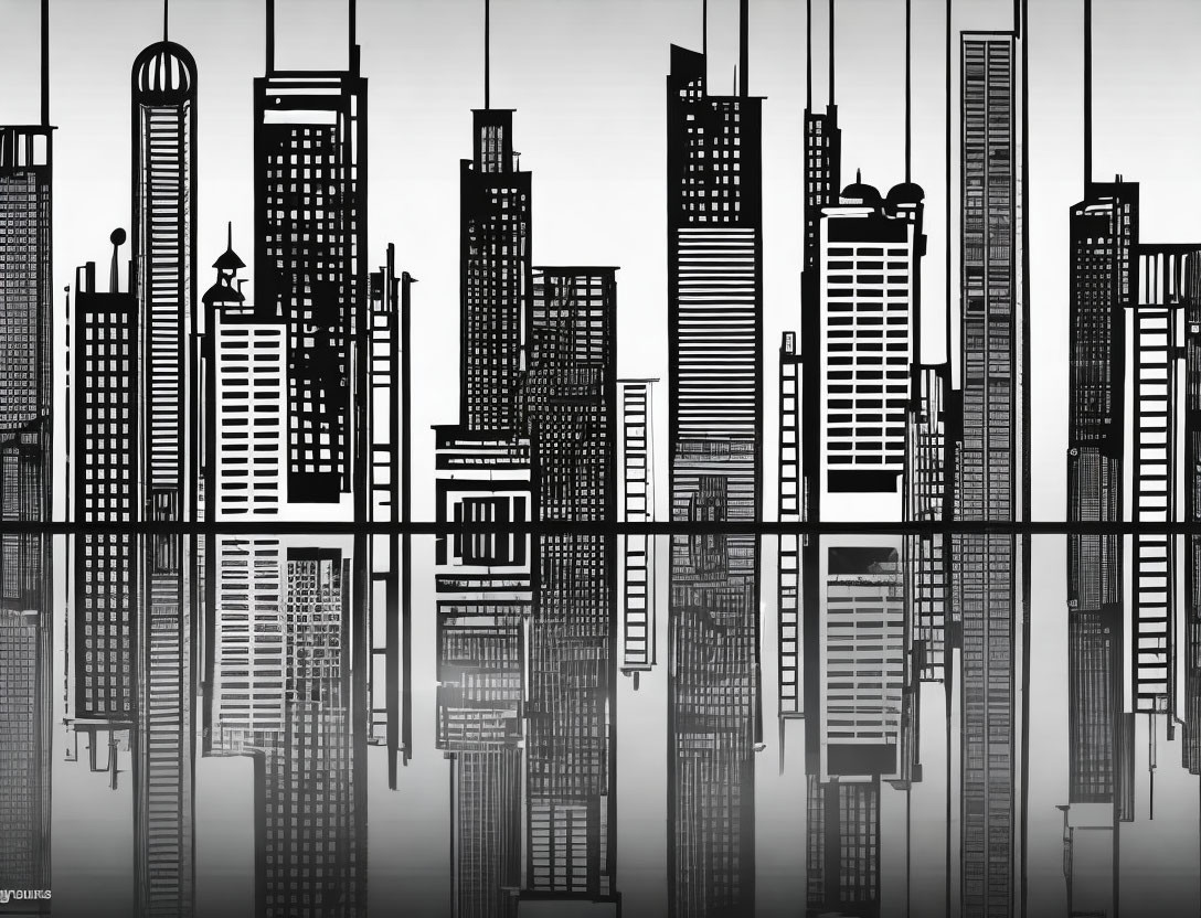 Monochrome city skyline artwork with inverted reflections for symmetric illusion