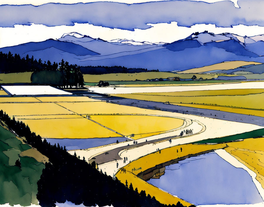 Colorful Watercolor Landscape: River, Fields, Mountains, Sky