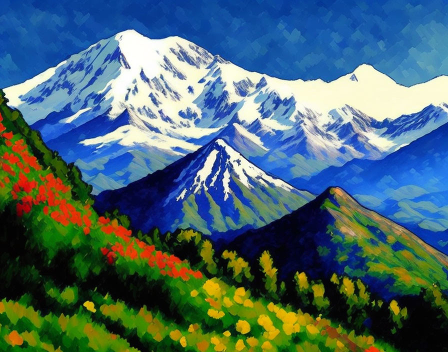 Colorful painting of snow-capped mountain range with wildflowers