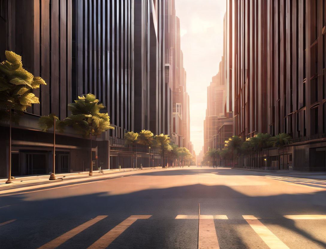 City street with high-rise buildings, trees, long shadows, clear sky