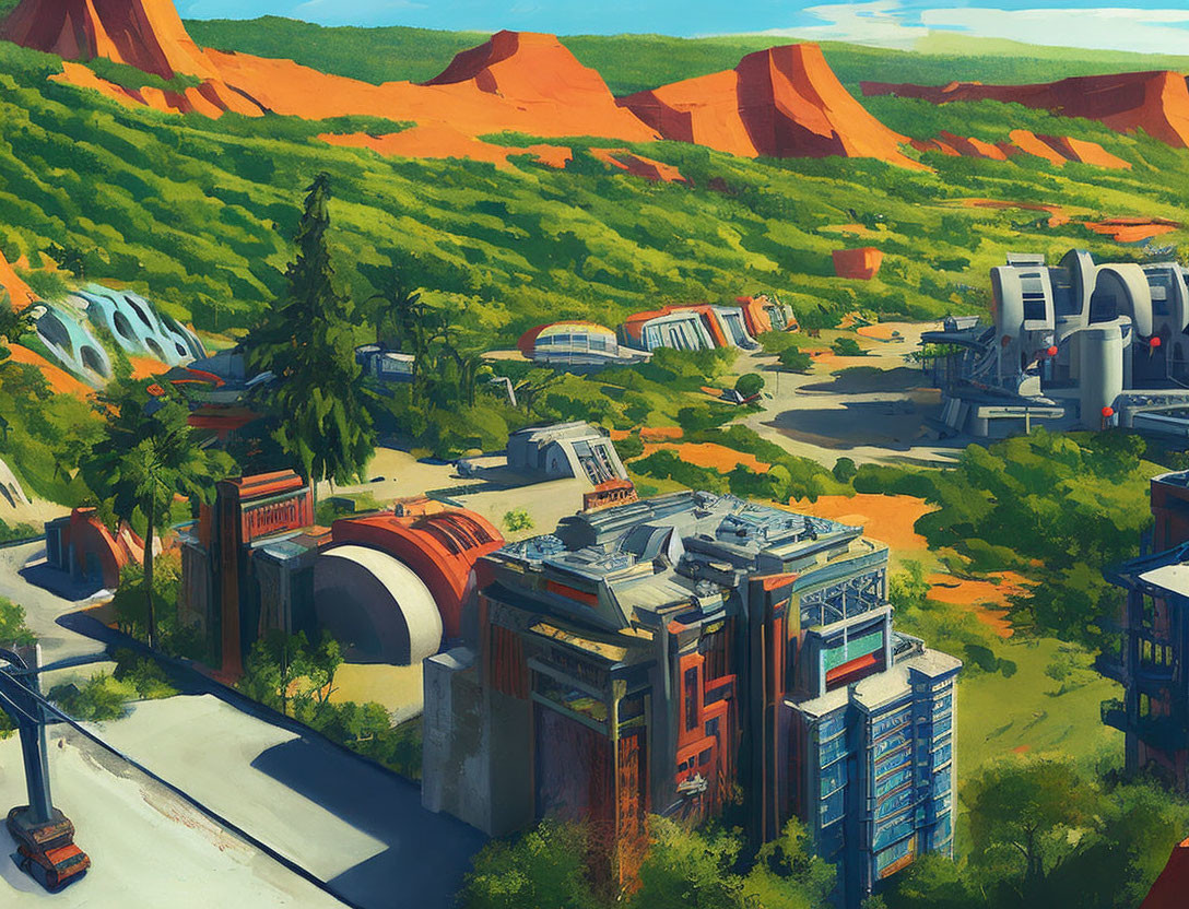 Futuristic cityscape in desert valley with lush greenery and colorful buildings