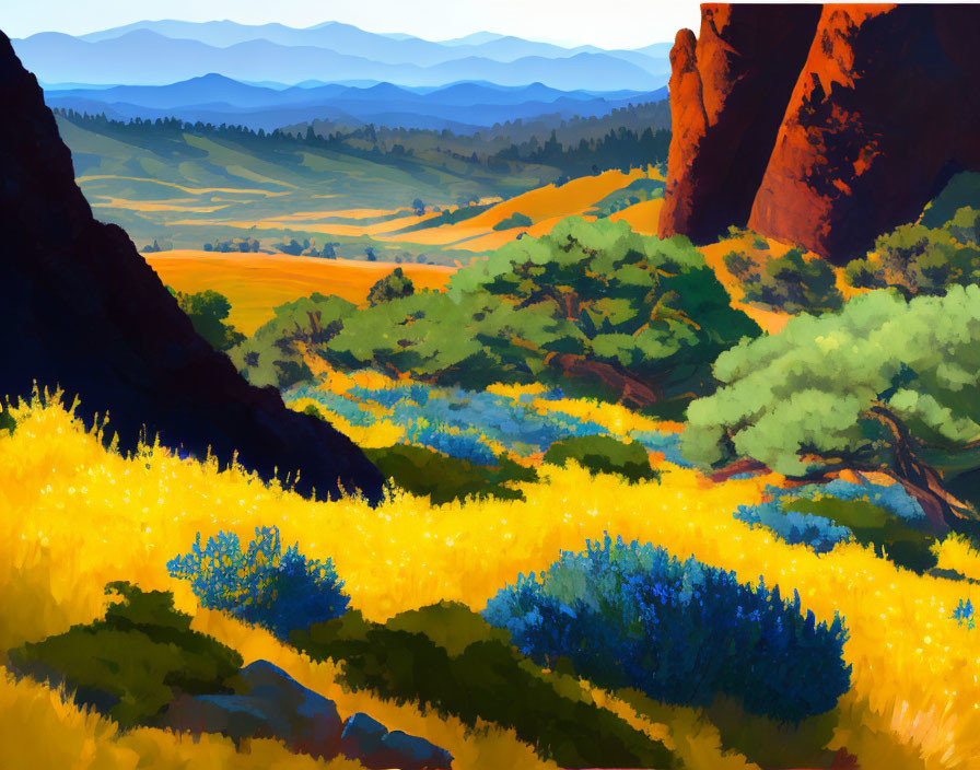 Colorful landscape with golden fields, blue wildflowers, verdant trees, and red rock formations