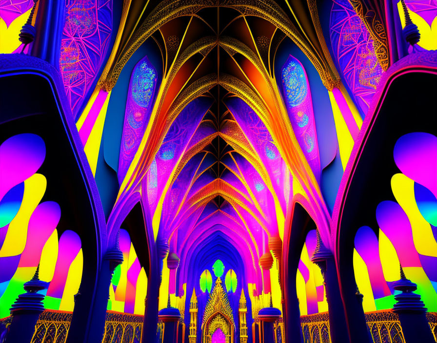 Vibrant neon-lit gothic cathedral interior artwork