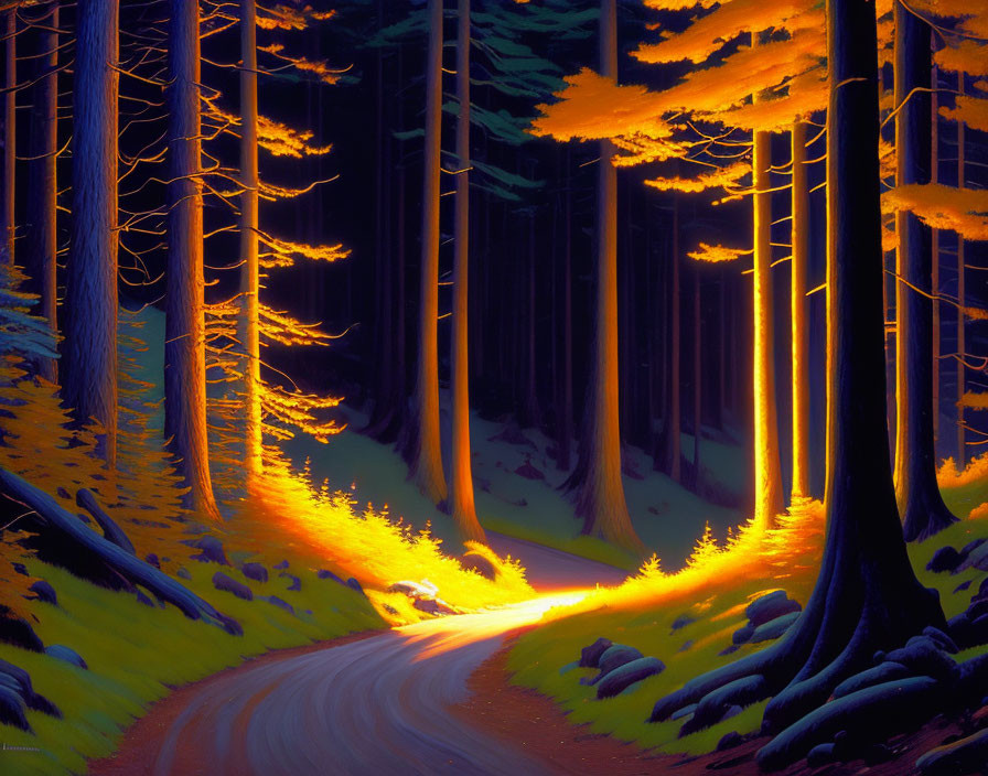 Mystical forest with winding road and golden light