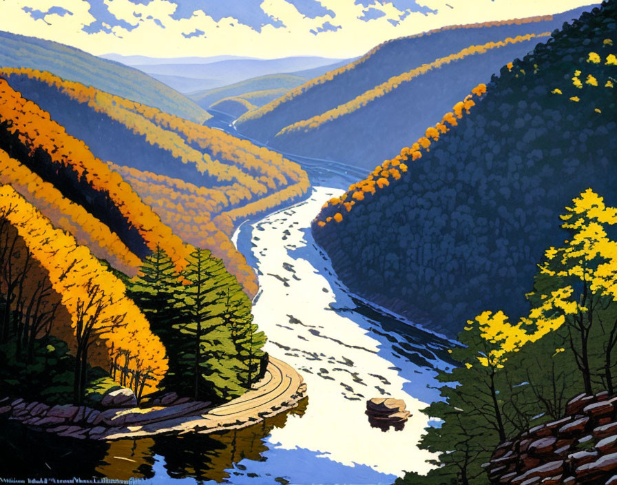 Scenic painting of autumn river in mountain landscape