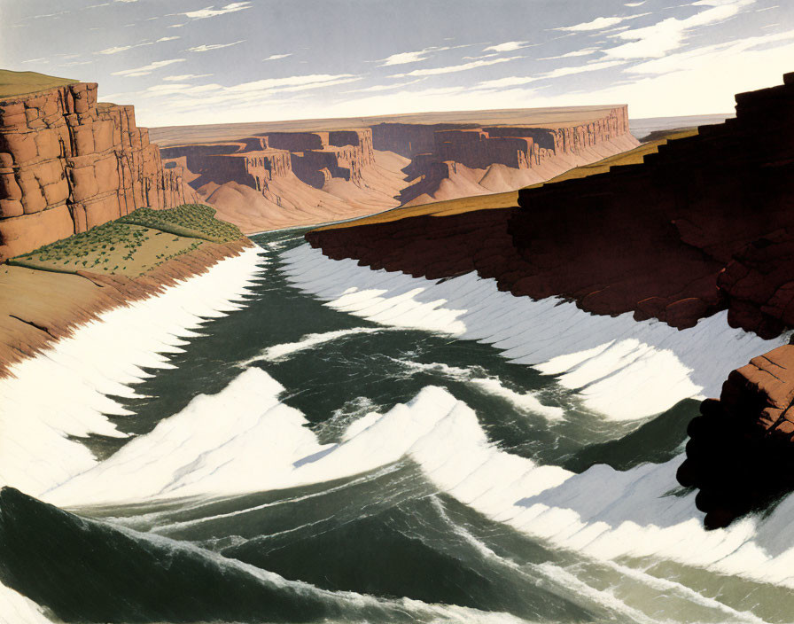 Dramatic illustration of turbulent river in canyon with steep cliffs