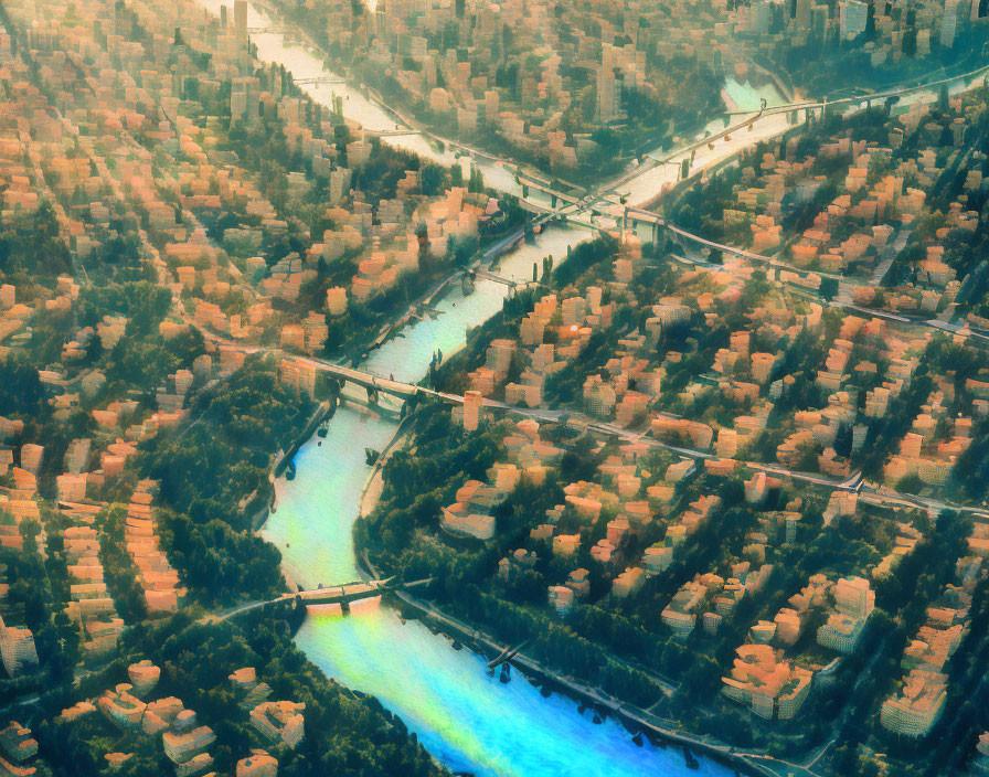 Cityscape at Sunset with River, Bridges, and Grid Streets