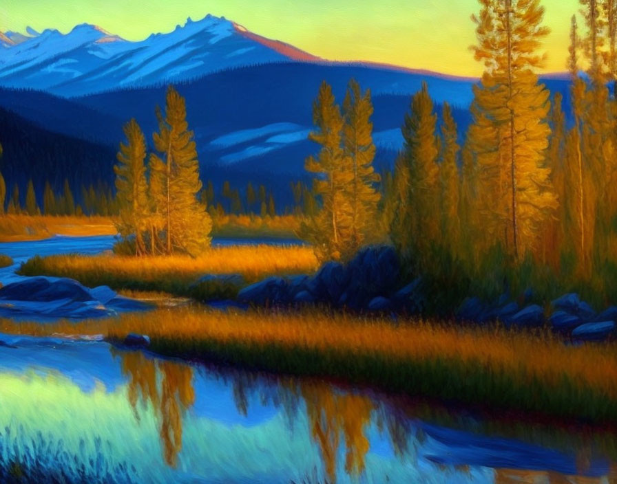 Scenic landscape painting: golden-hour light on trees, mountain backdrop, calm river