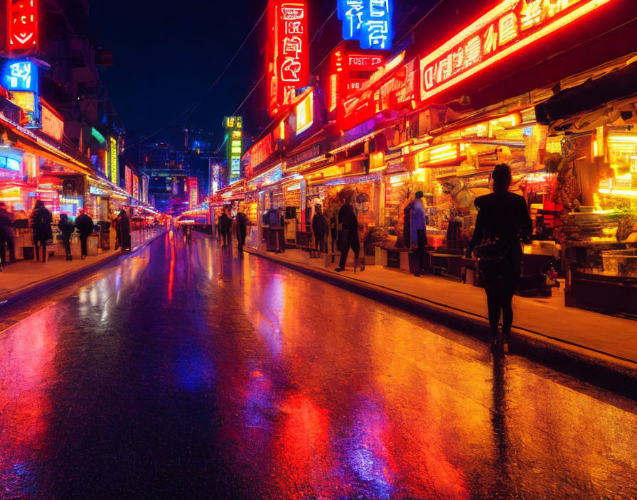 Pedestrian strolling neon-lit street with wet pavement and bustling shops.