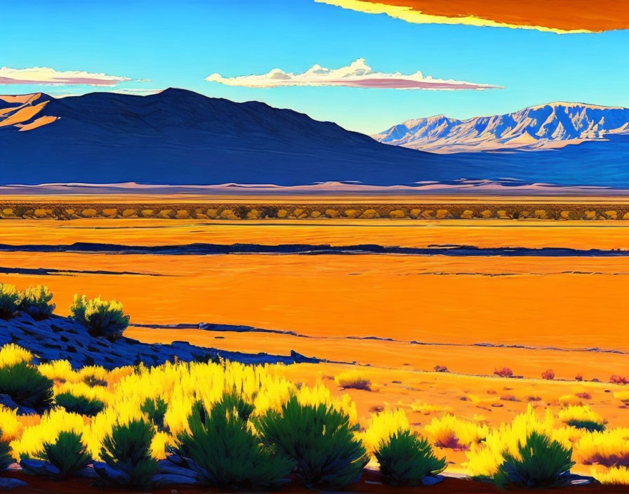 Colorful desert landscape with blue sky, orange terrain, green shrubs, and distant mountains.