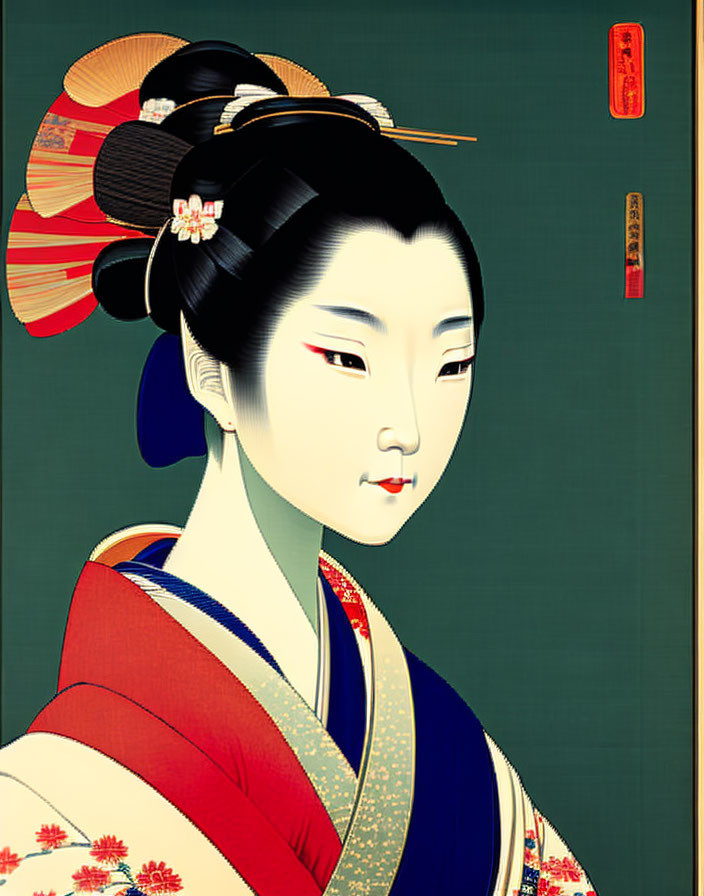 Traditional Japanese Geisha Painting with Elaborate Hairstyle and Kimono