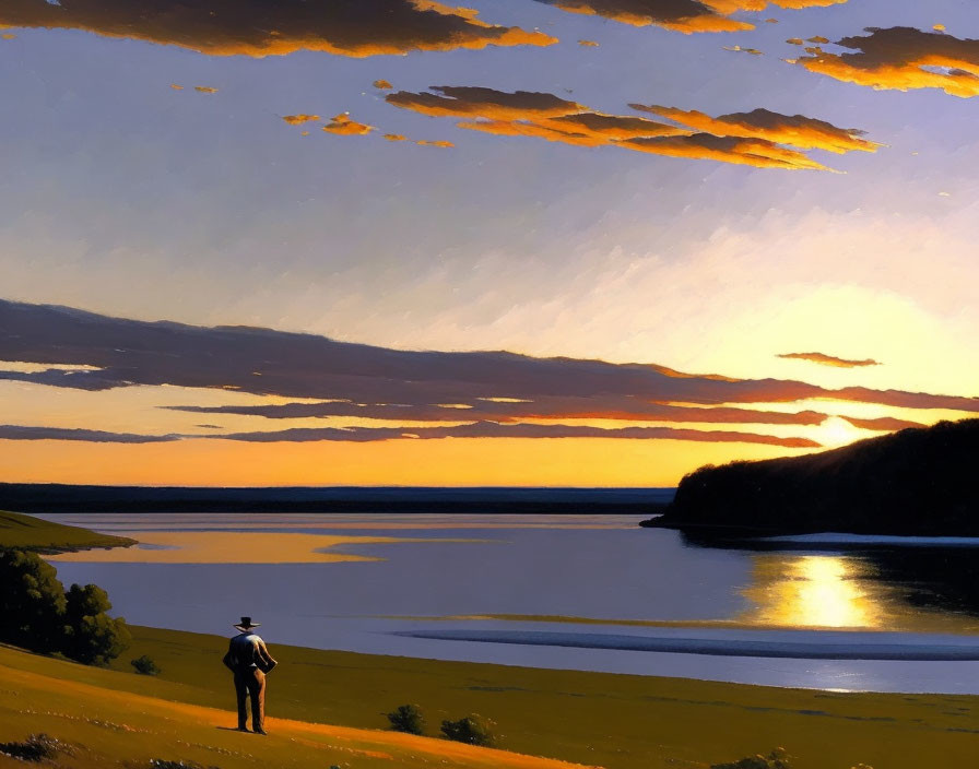 Person admiring sunset over calm river on grassy shore