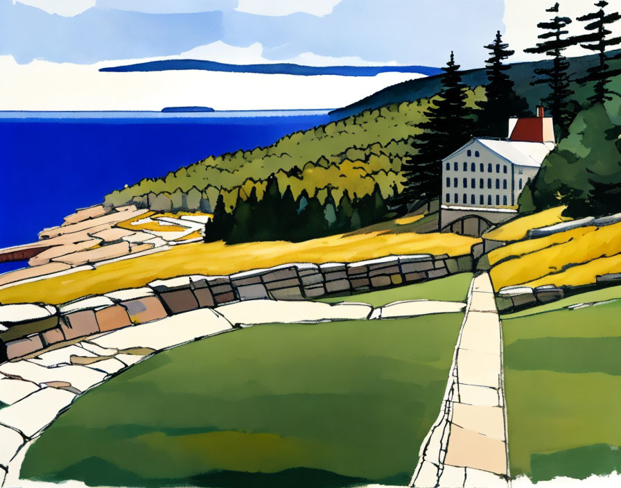 Illustration of Coastal Landscape with House, Greenery, Path, Fields, and Sea