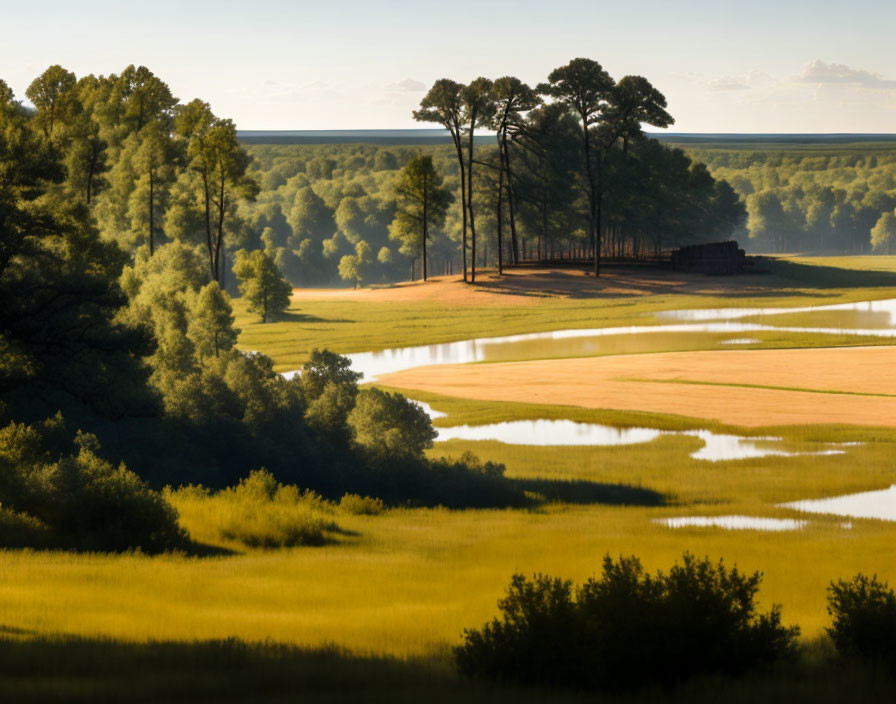 Tranquil River Landscape with Tall Trees and Clear Sky