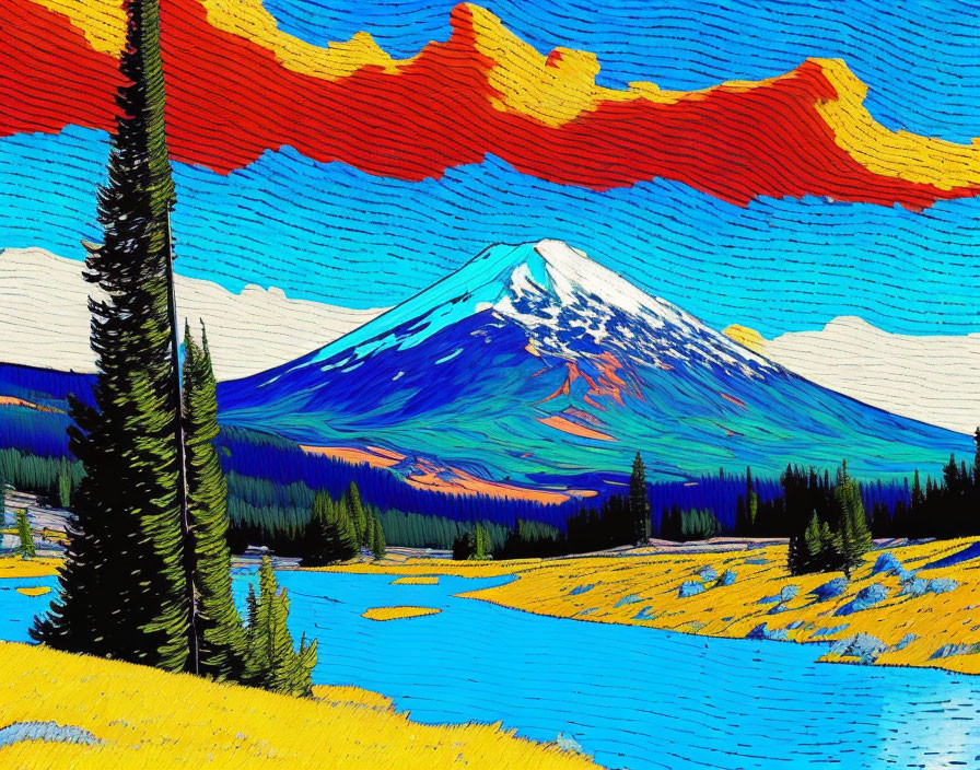 Colorful Landscape Artwork with Blue Mountain, Golden Meadow, Pines, River, and Textured