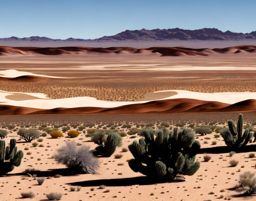 Desert landscape with sand dunes, cacti, and mountains under blue sky