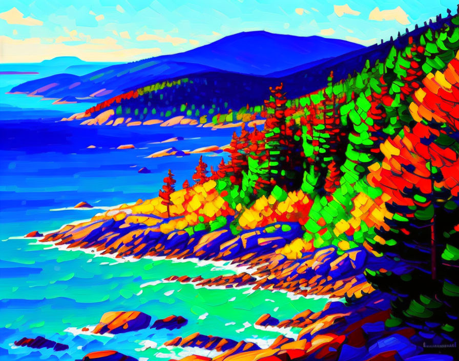 Colorful Coastal Landscape Painting with Vibrant Foliage