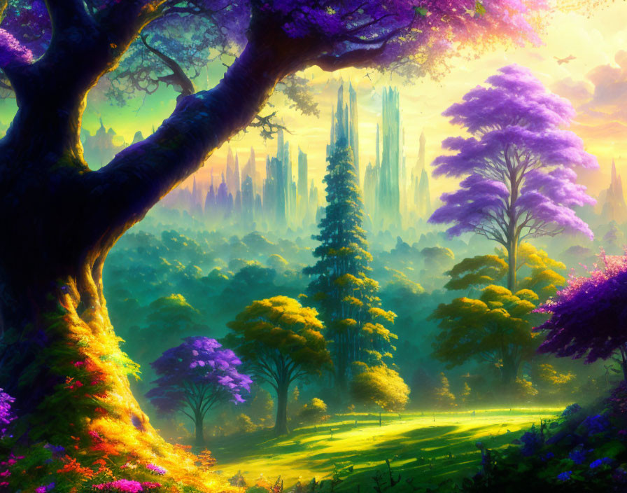 Fantasy landscape with purple trees, luminous foliage, and crystal-like spires in golden sunrise.