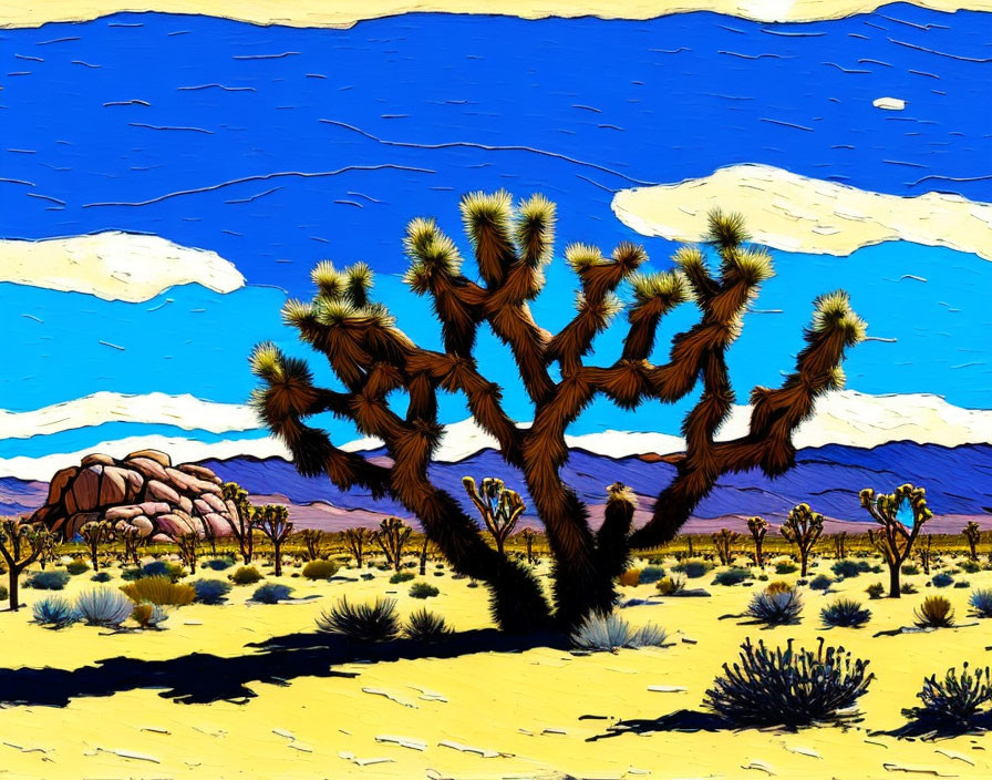 Desert landscape painting with Joshua tree and rocky outcrop