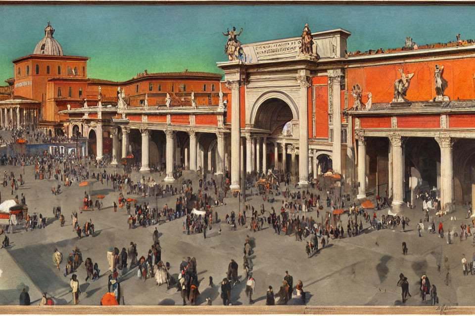 Historical square with arches, statues, and crowds under blue sky